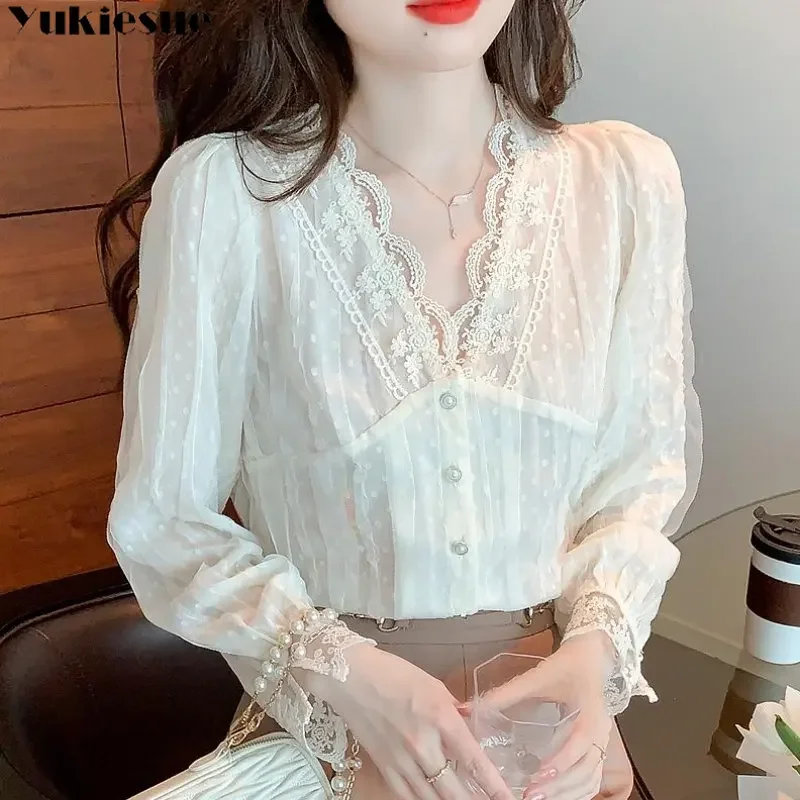 

Весна 2023, кружевная лоскутная блузка с v-образным вырезом и длинными рукавами, элегантные повседневные офисные женские блузки, модные винтажные рубашки с вышивкой для женщин