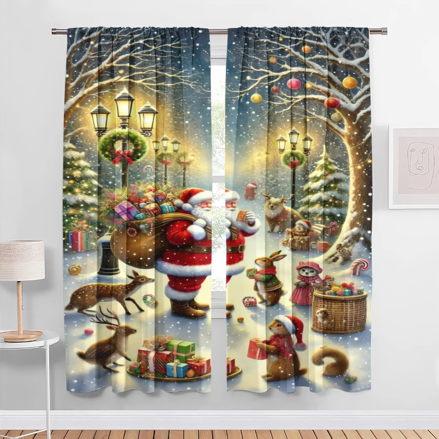 2PCS Digital Print Curtains, Cozy Snow Night Street Santa Giving Gifts Rabbits Squirrel Deer Lanterns Lights, Warm Whimsical Sce