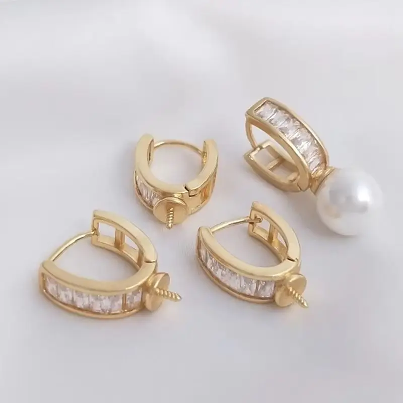 14K Gold Plated Inlaid zircon bead clasp, diy sticky half hole pearl earring accessories