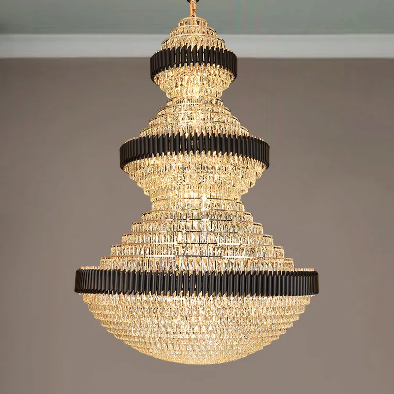 Modern Luxury Black Crystal LED Chandelier for Villa Lobby Hotel Large Scale Stair Lighting Top Illumination Decorative Lamp