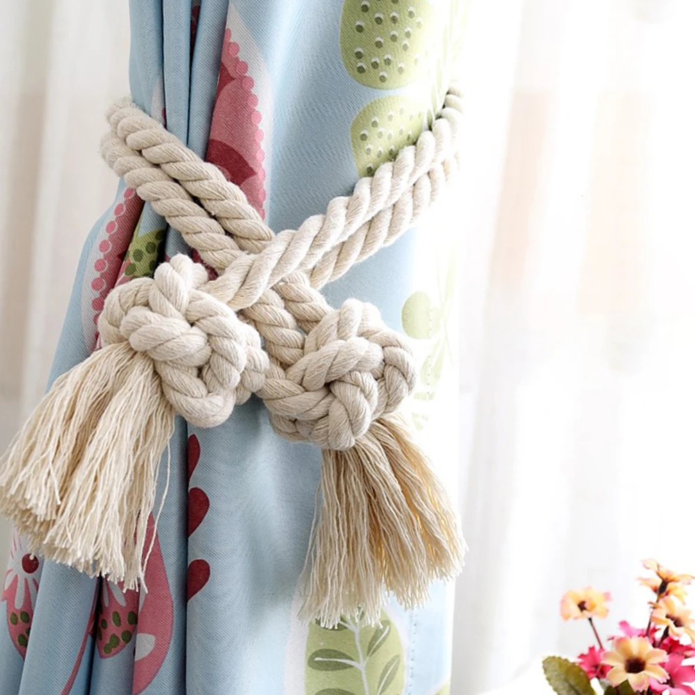 

2Pcs Vintage Curtain Tiebacks Cotton Rope Beige Hand Knitted Rustic Curtain Buckle for Drapery Decoration Cotton Rope Tieback