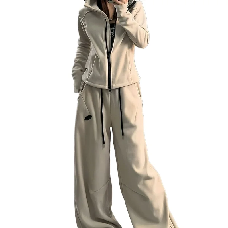 

Темпераментный спортивный костюм для похудения, женская новая крутая однотонная куртка с капюшоном и плюшевыми широкими брюками, комплекты из двух предметов, зима 2026 г.