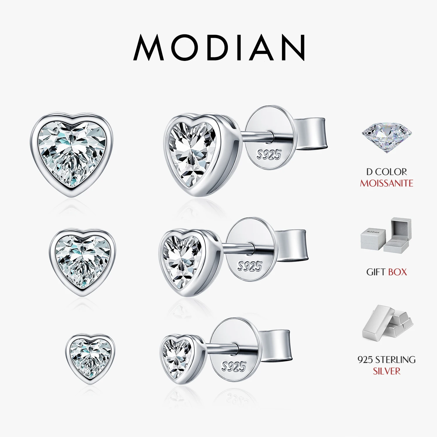 

MODIAN 3 Sizes Heart Moissanite Ear Studs 925 Sterling Silver Dazzling Stackable Fashion Stud Earrings For Women Fine Jewelry