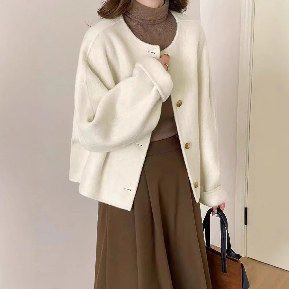 Korean version of Xiaoxiangfeng double-sided woolen coat, simple, loose, high-end feeling, short and short woolen coat for women