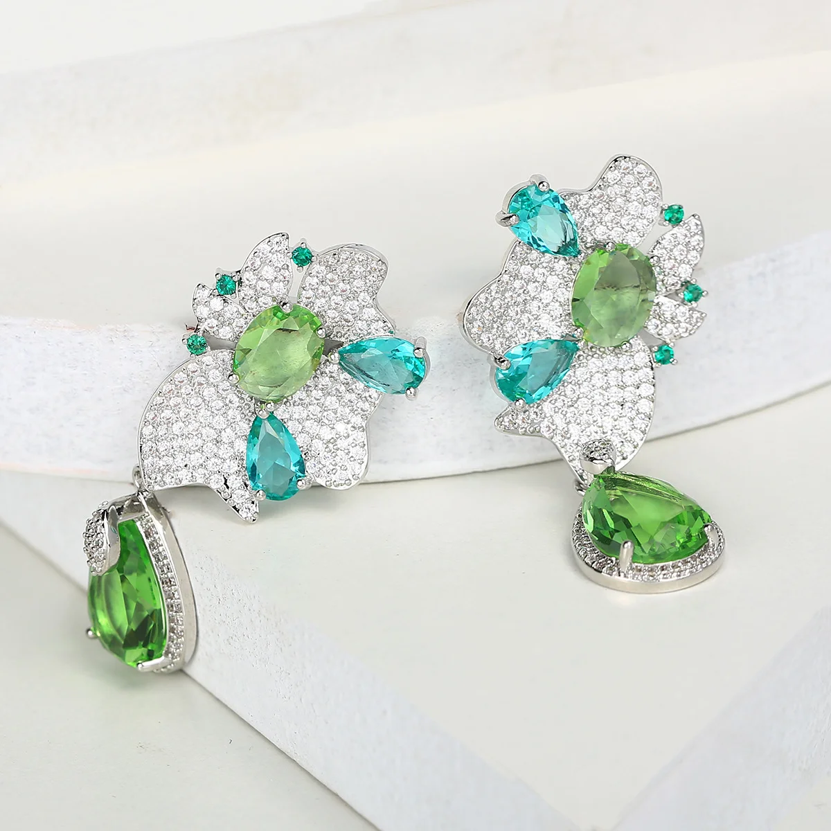 

925 Silver Needle Luxury Flower Multicolor Gemstone Drop Earrings, Elegant Bridal Wedding Jewelry Gift for Women