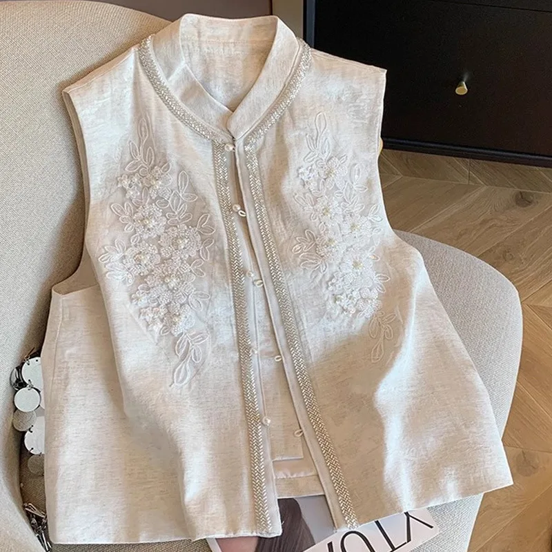 

Женский жилет с тяжелой вышивкой бисером, топы в национальном стиле, удобный отдых, темпераментный воротник-стойка, китайский жилет