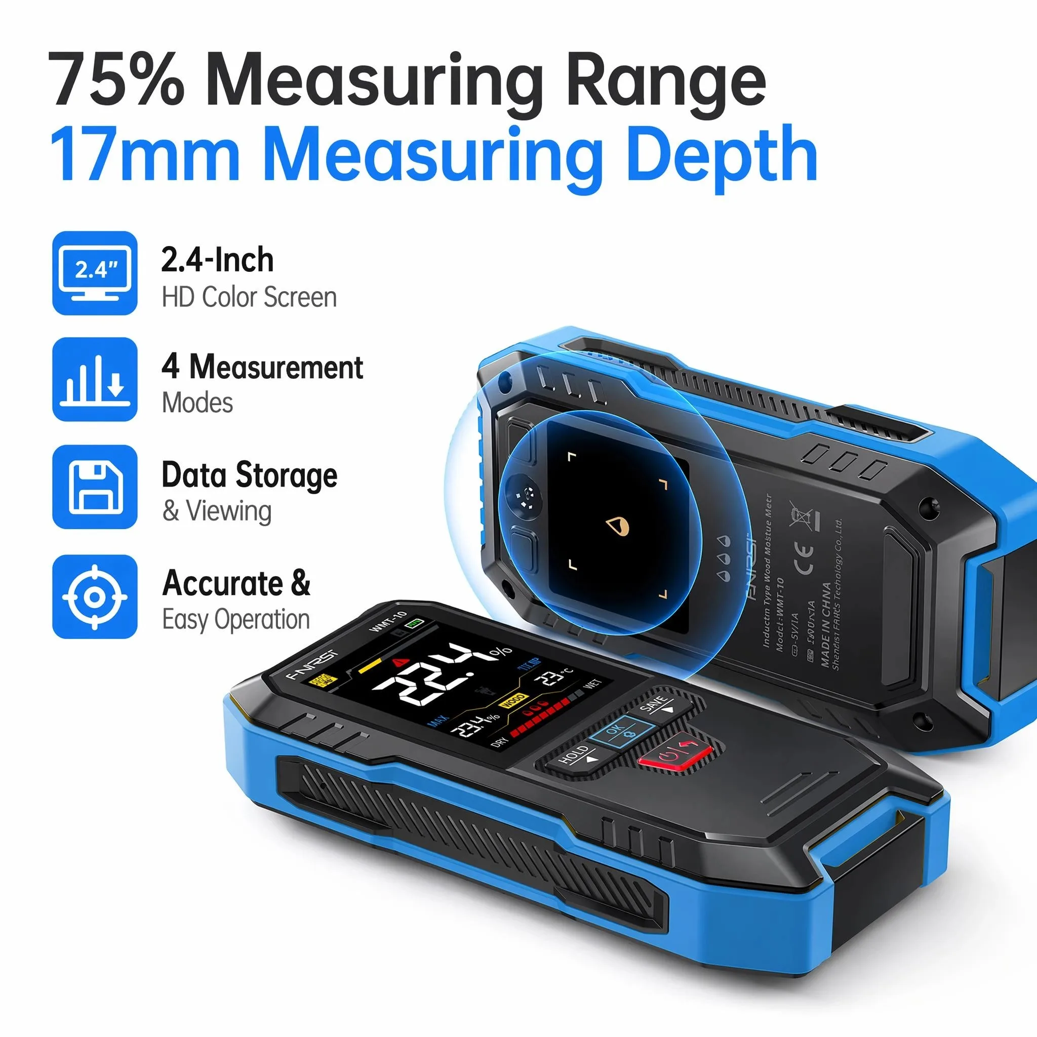 Pinless Wood Moisture Meter 4-in-1 Hard/Softwood/Wall/Brick Tester 0-75% ±1.5% 2.4