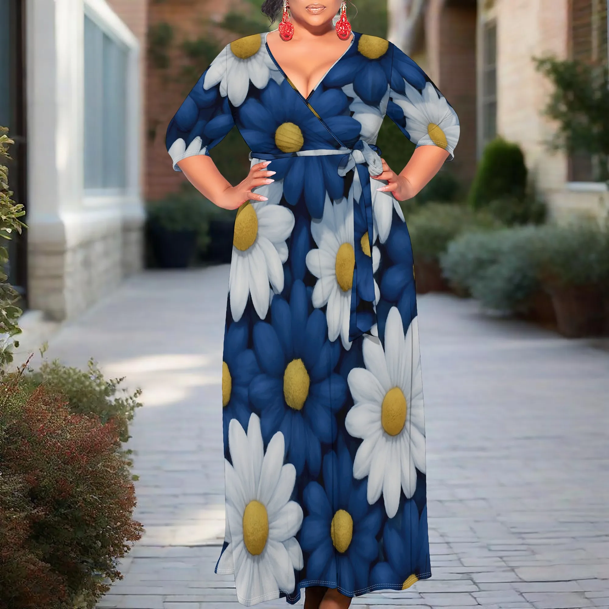 

Daisy Floral Print Plus Size Maxi Dress XL-6XL V-Neck Wrap Belted for Garden Party, Wedding Guest or Summer Brunch