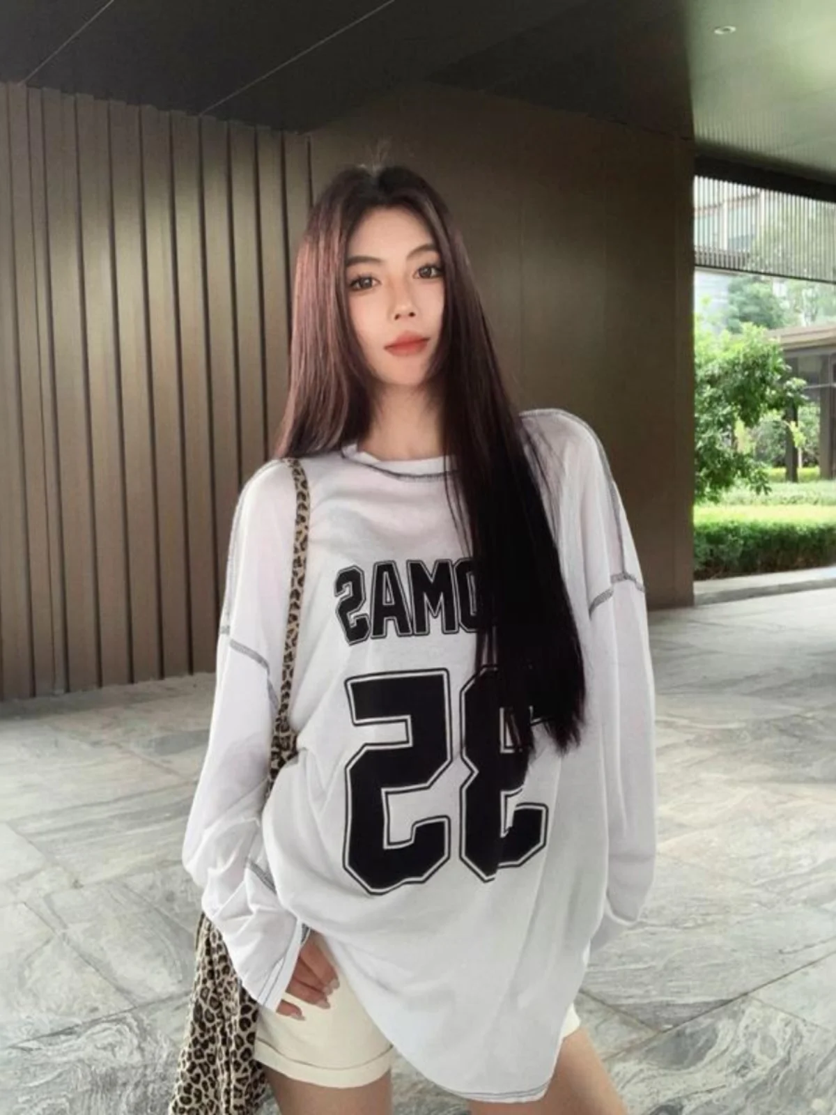 Laid-back Style Thin Stitch One-Shoulder Long Sleeve T-shirt Women Summer 2024 New Print Loose Casual Sun Protection Top