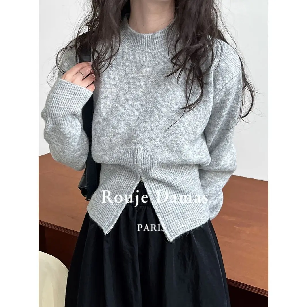 

Gray 2025 Autumn New Slit Top Zipper Short Sweater Knitted Sweater Women Round Neck Long Sleeve Solid Color Pullover