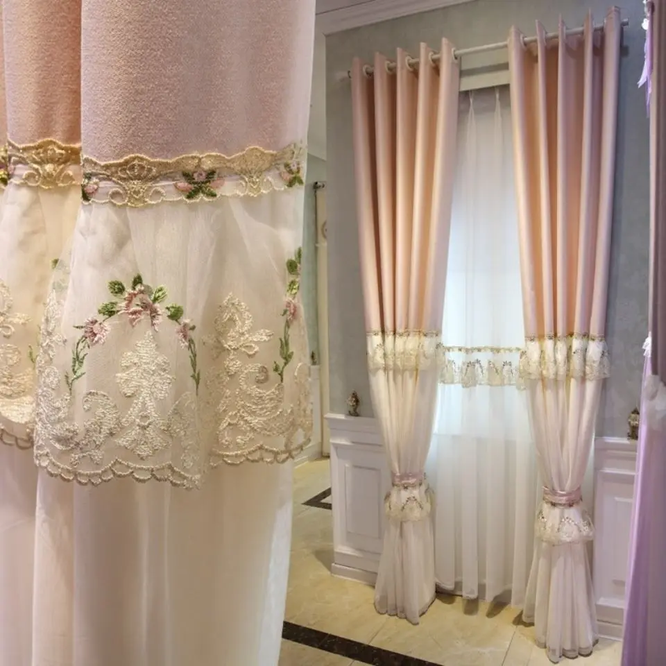 Korean Cottage Princess Style Pink Lace Curtain for Girls Bedroom Romantic Window Curtain for Living Room