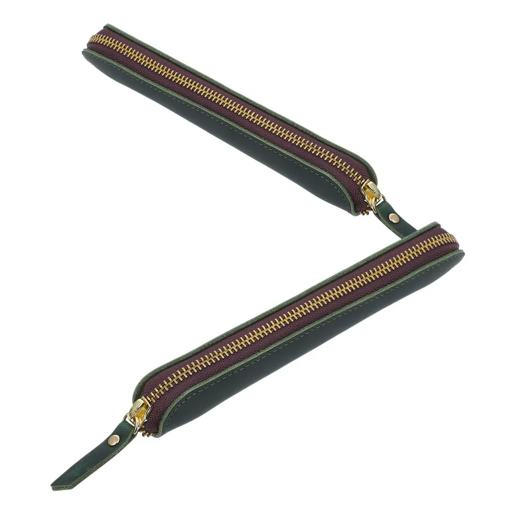 2Pcs Vintage Zipper Pen Case Compact PU Slim Pencil Pouch Portable Mini Fountain Pen Holder Stylish Stationery Bag