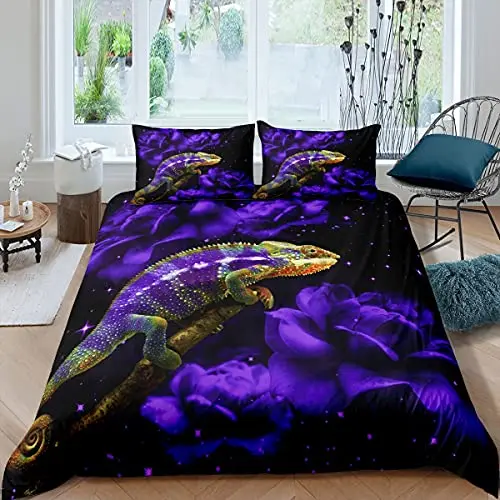 

Lizard Duvet Cover Set Reptile Bedding Sets King Size for Boys Girls Toad Tropical Animal Purple Floral Exotic Comforter Cover