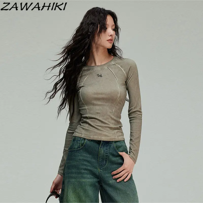 Zawaiki-Top de manga longa vintage para meninas, Y2k Slim Tees, camiseta versátil, cor sólida, primavera, moda outono, roupas estéticas legais