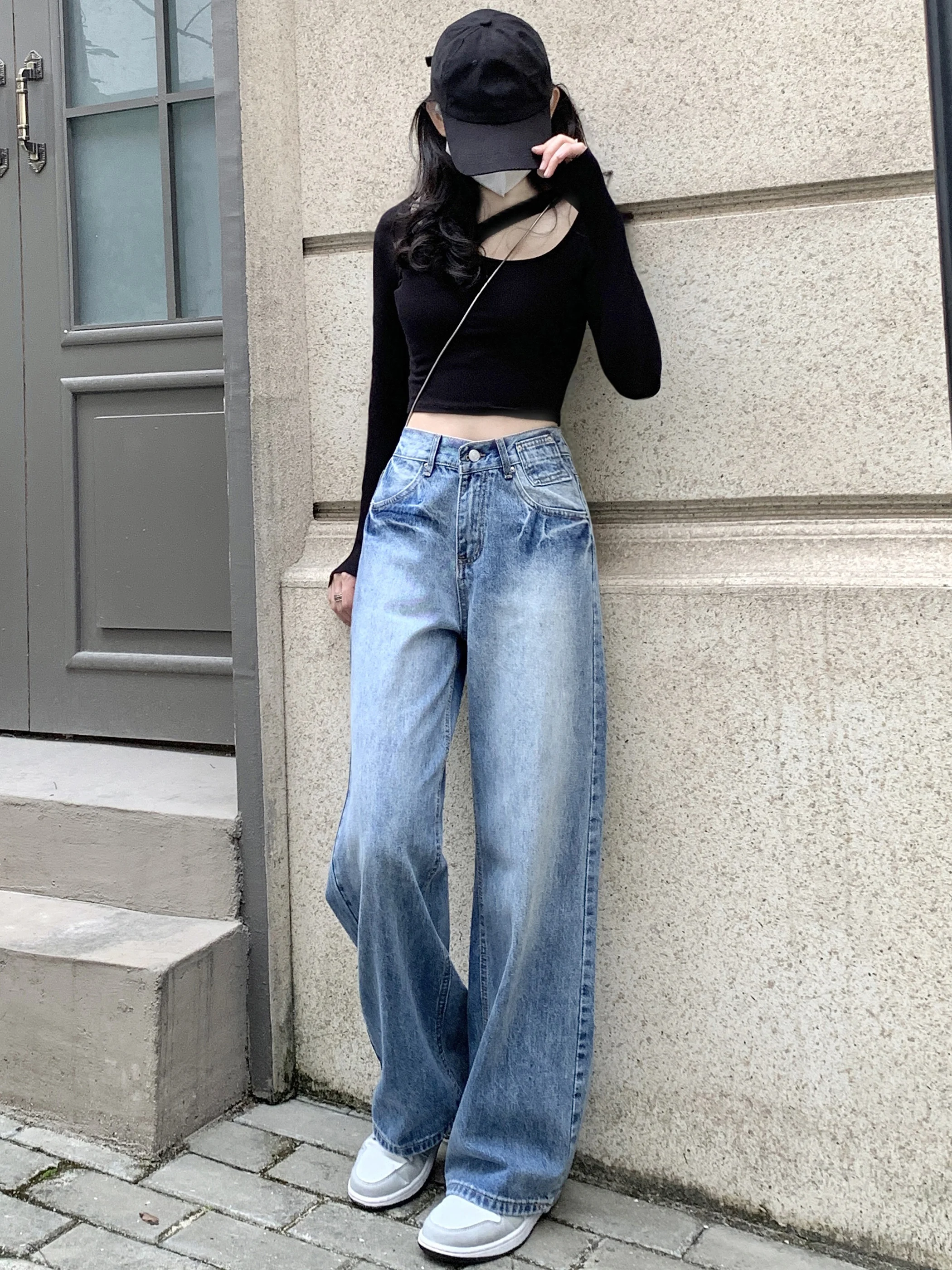 American Style Vintage Washed Loose Straight Leg Jeans Women's Spring Autumn New Small Size High Waist Slimming Drapey Wide L...