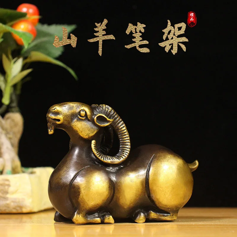

Brass Goat Figurine Antique Copper Goat Pen Holder Lying Goat Zodiac Goat Home Study Desk Decoration Craft Ornament