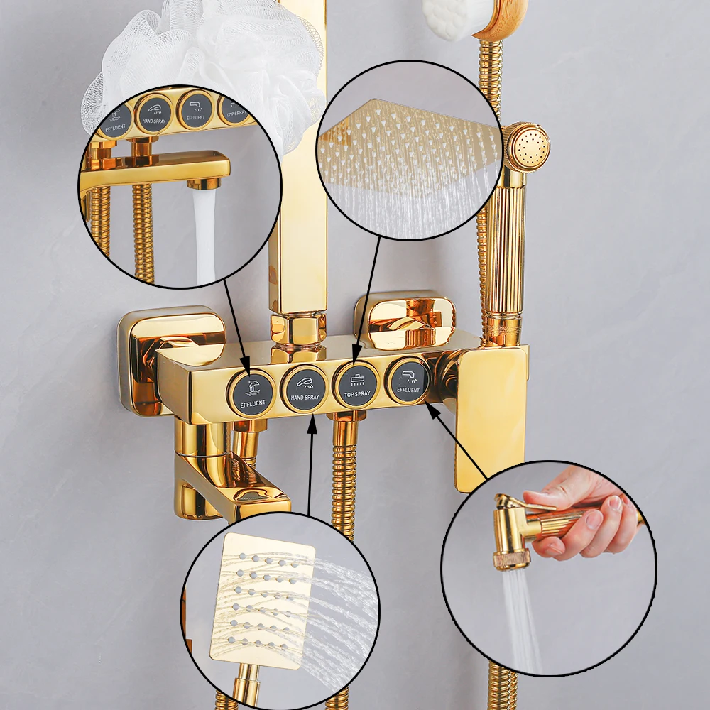 Gold Shower Faucet Set Rainfall Cold and Hot Button Bathtub Tap With Bathroom Shelf Multiple Water Outlet Methods