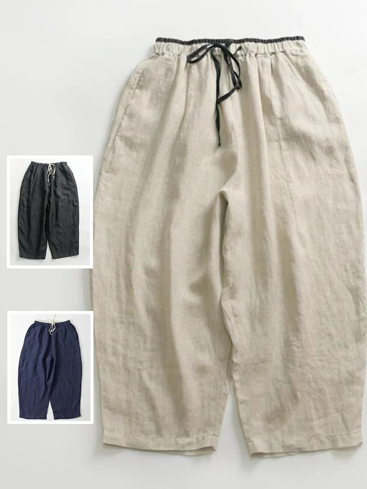 

plus Size Women's Japanese Sle Cotton Linen Harem Pants Summer Color Blo Elastic Waist Slimming Linen Carrot Nine-Piece P...