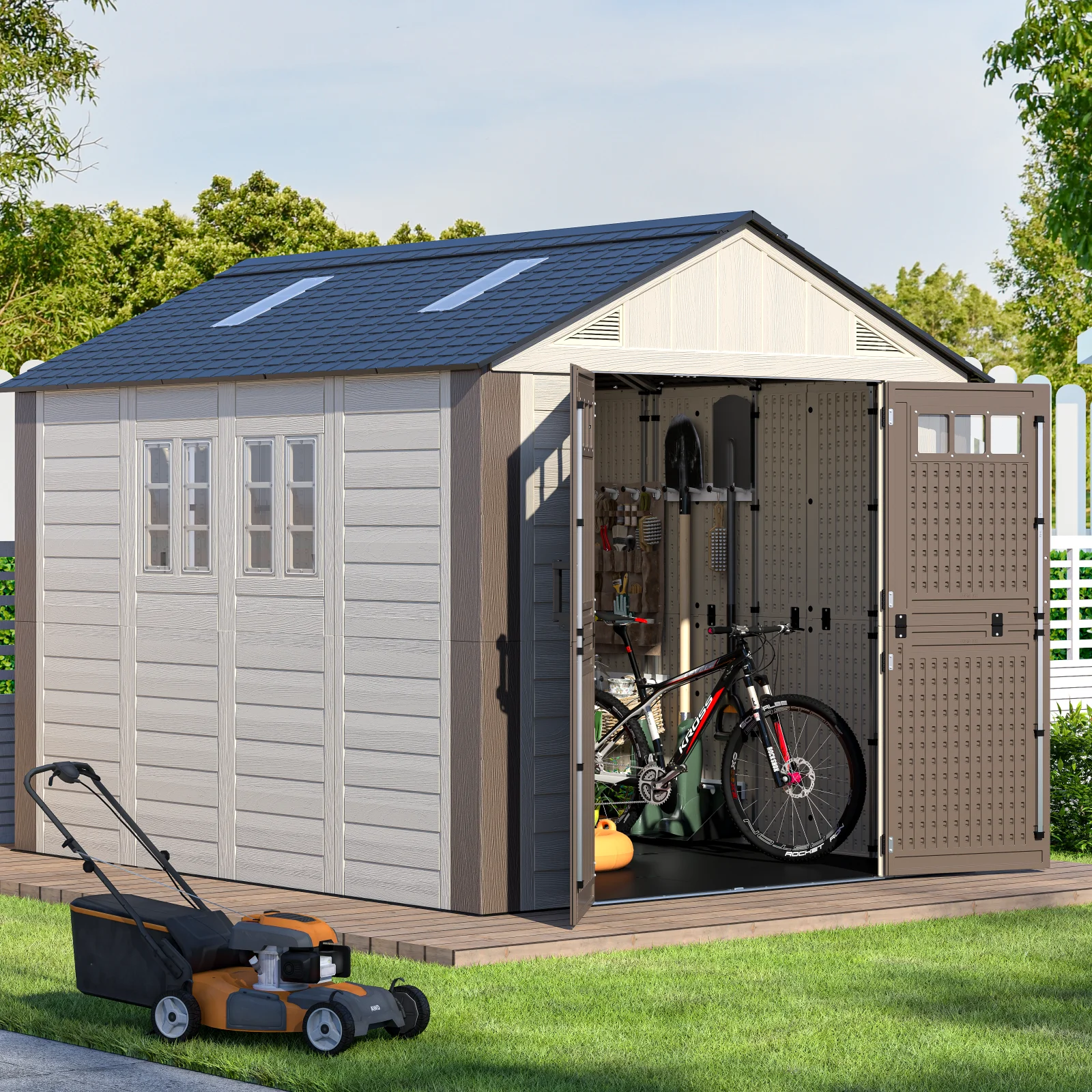8x10 Ft Outdoor Storage Shed, Large Resin Outdoor Shed with Floor Included, 3 Windows & Lockable Door, Garden Plastic,for Bikes & Tools, Khaki
