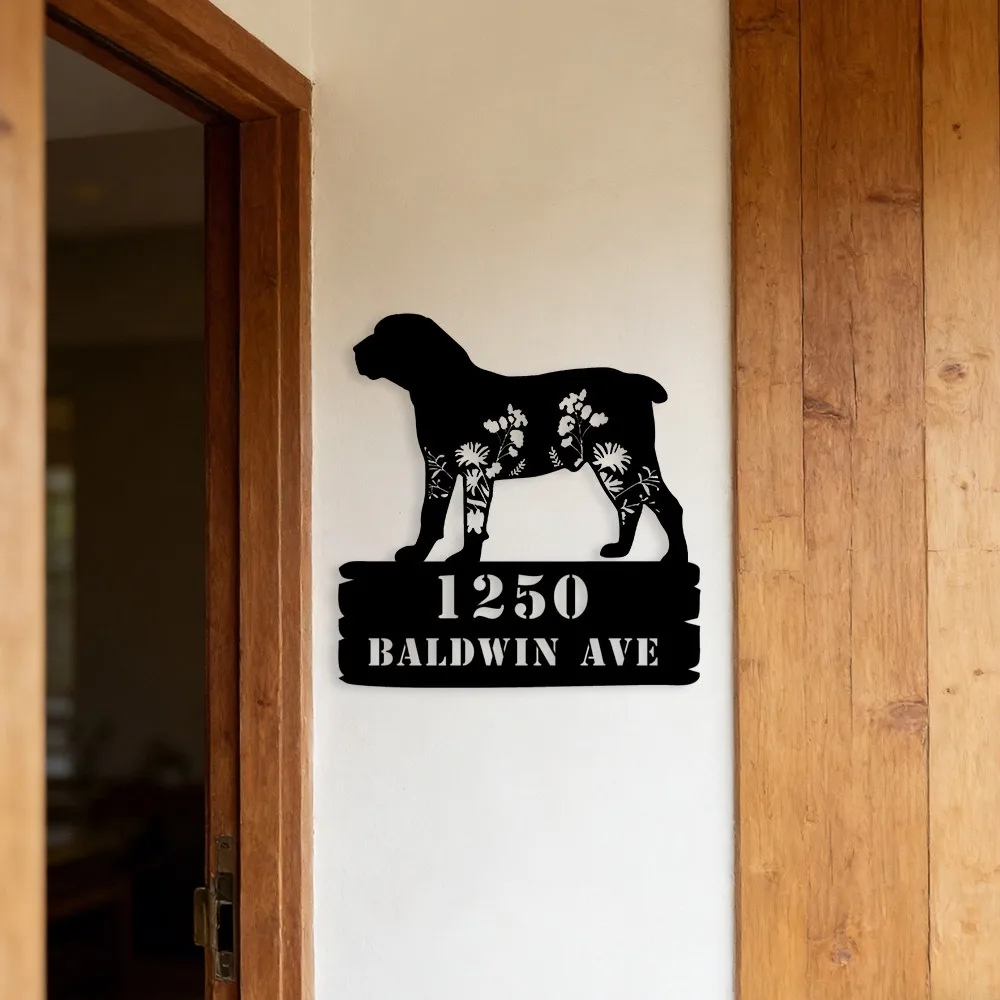 1Pcs Personalized House Number Metal Plaque With Dog Flower Design Weatherproof Garden Porch Front Door Wall Art