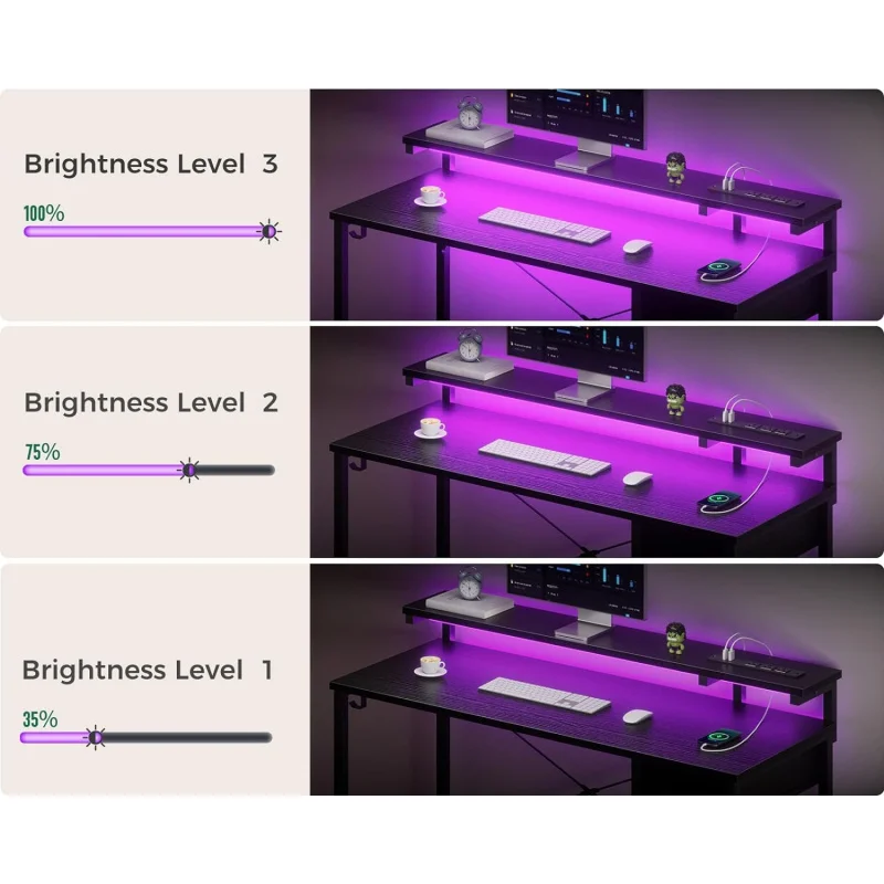 Gaming Desk with LED Lights & Power Outlet, 48 Inch Computer Desk with Drawer, Reversible Desk with Adjustable Monitor Shelf &