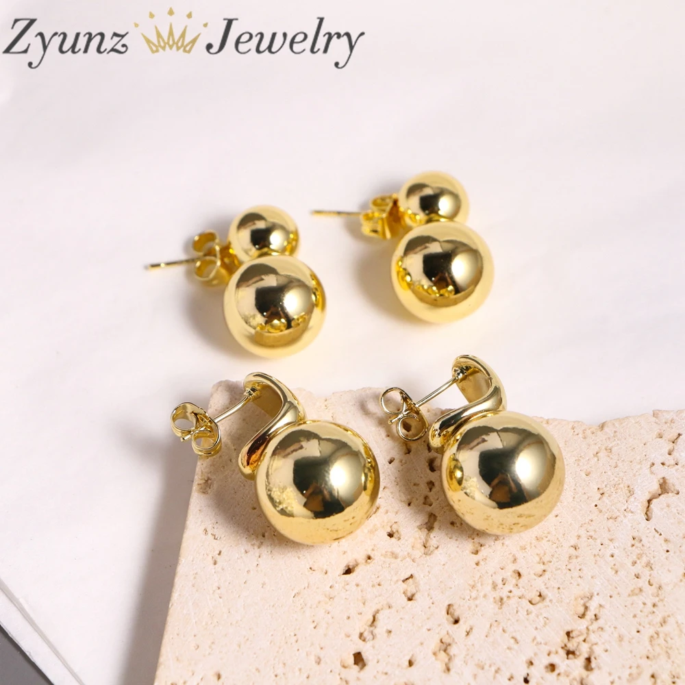 

5 Pairs, Round Ball Smooth Bead Drop Stud Earrings Gold Color Metal Unusual Jewelry Gift