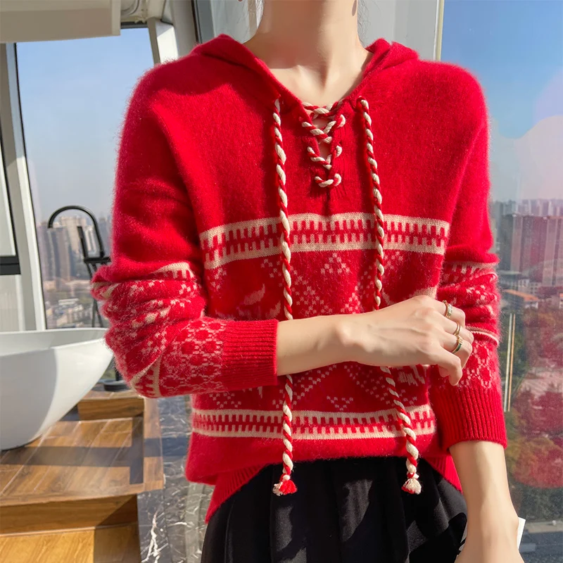 خريف/شتاء الجاكار المرأة 100% الصوف الخالص الرباط سترة مقنعين محبوك طويلة الأكمام فضفاضة الكشمير هوديي