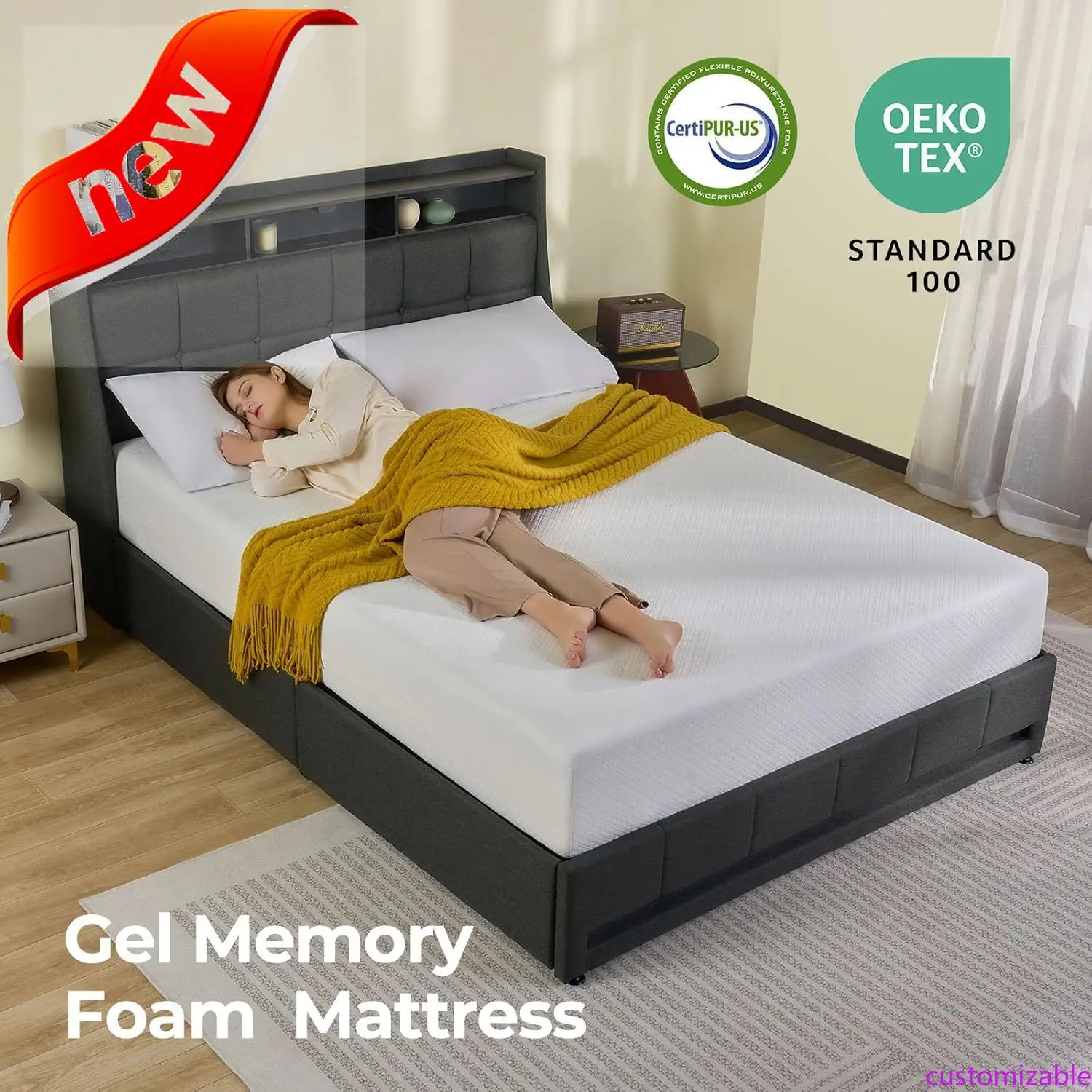 Colchón tamaño Queen personalizable, colchón de espuma viscoelástica de gel de 10 pulgadas en una caja, sin fibra de vidrio, colchón transpirable para refrigerador Sle