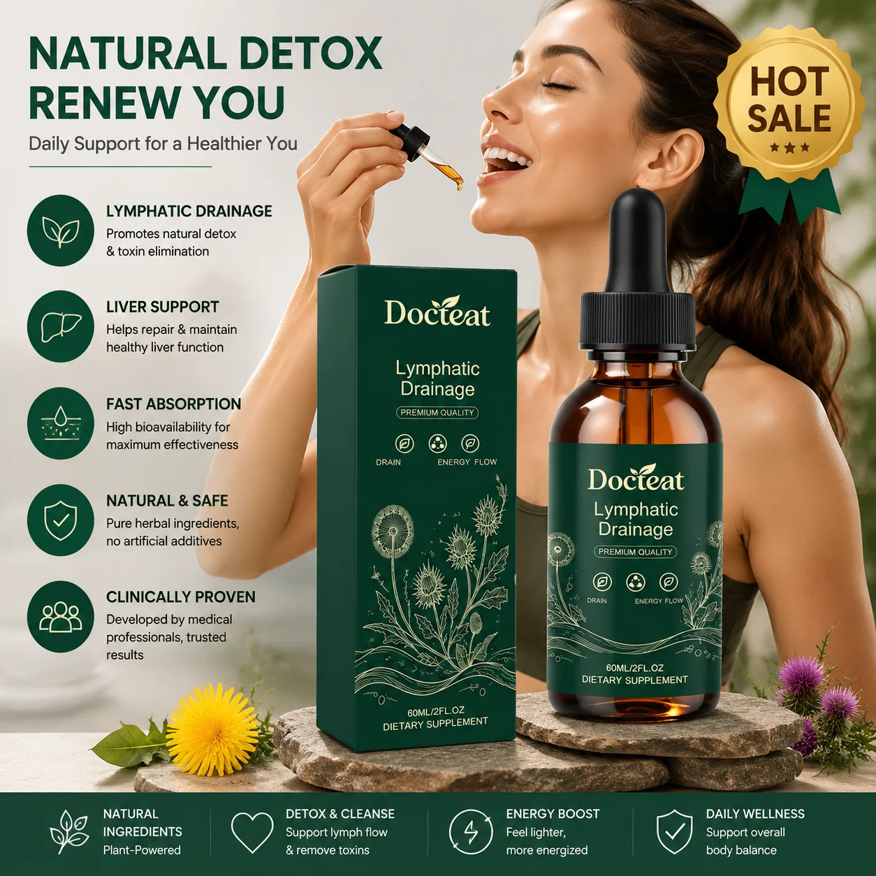 Docteat 60ml Lymphatic Drainage Drops 1/3/5 PCS Natural Herbal Promote Toxin Elimination & Liver Repair Support Daily Body Care