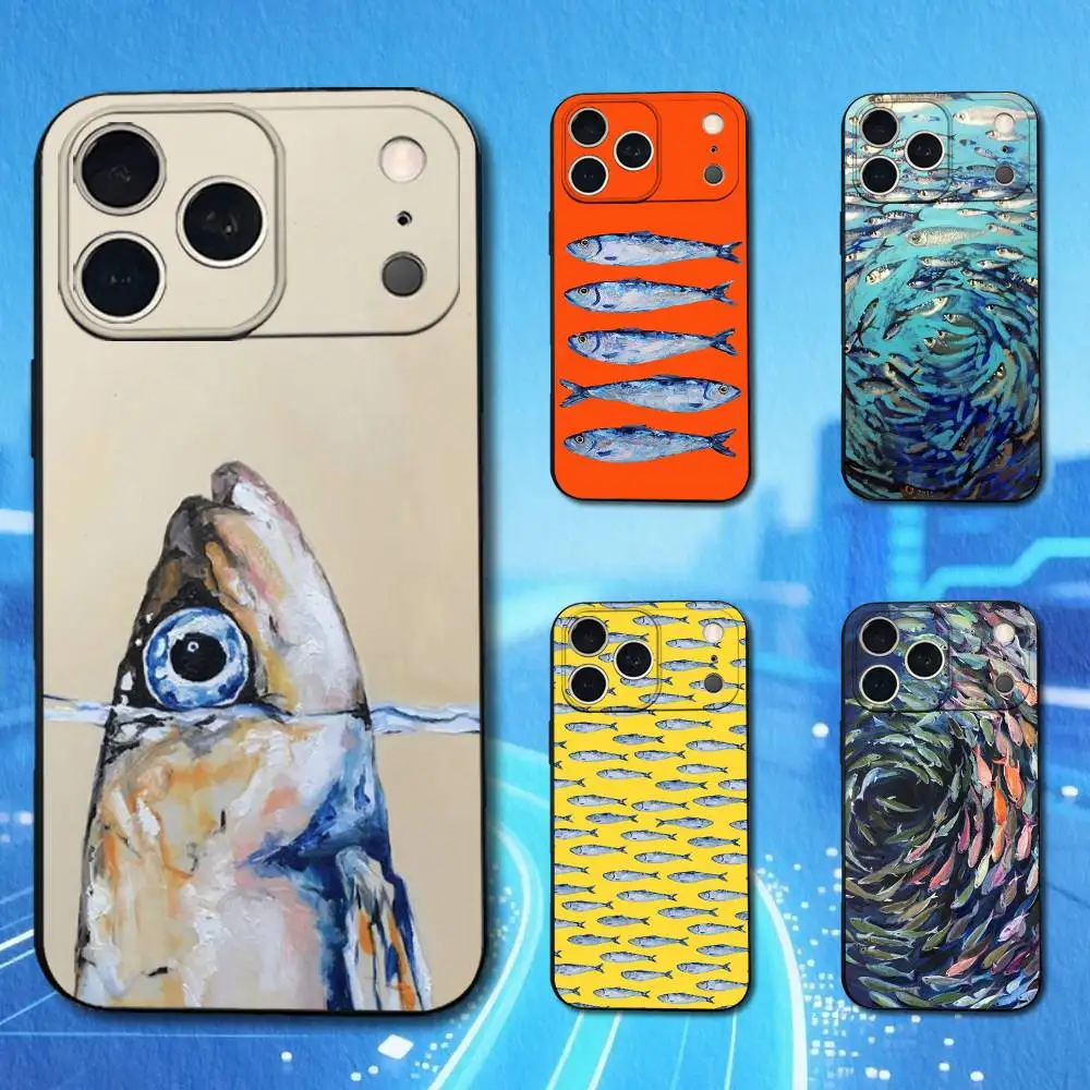 

Painting Sardines Art For iPhone 8,7,11,12,15,14,13,16,17,Plus,Pro Max,XS,X,XR,SE,Mini,Soft Silicone Black Case