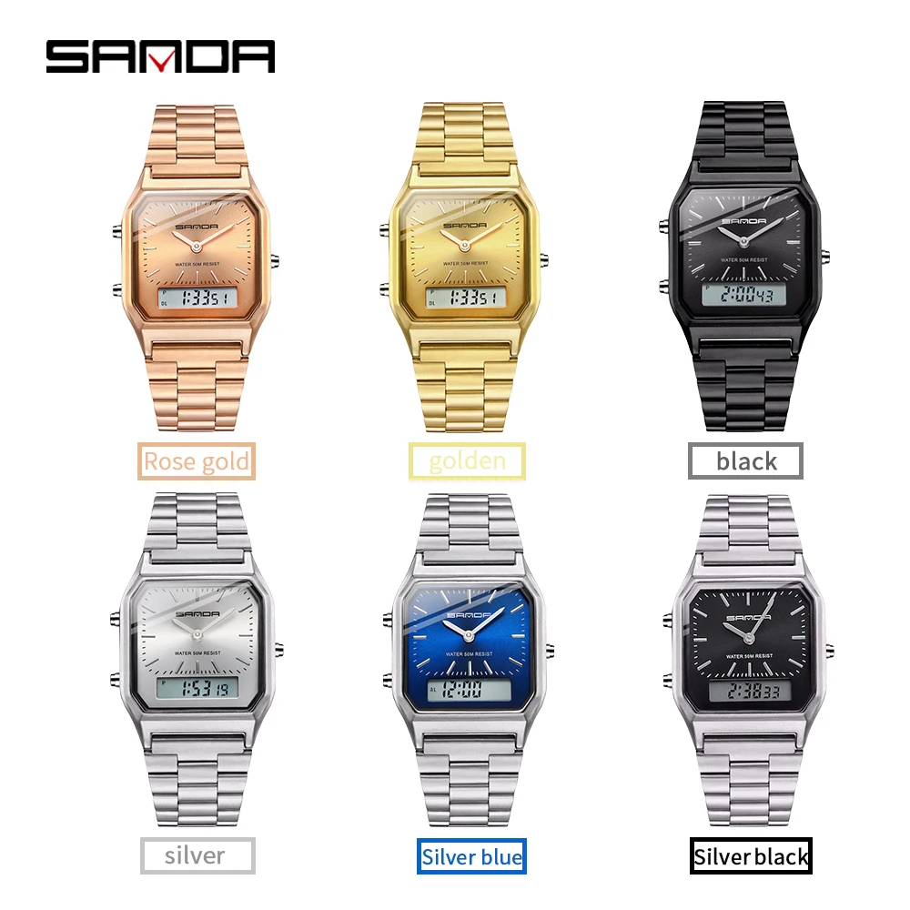 SANDA Fashion Mens Luxury G Style Watches Stainless Steel LED Digital Dual Display Clock Unisex Waterproof Sports Quartz Watch