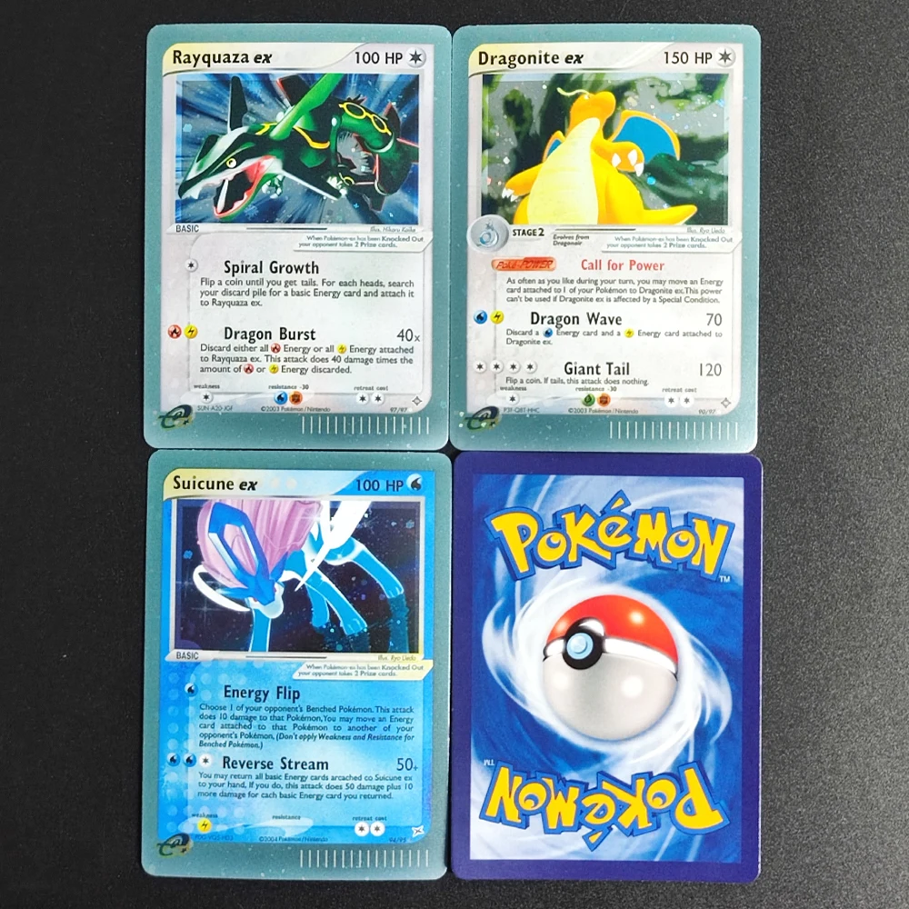 

3 шт., английские коллекционные карты Pokemon Rayquaza Dragonite Suicune EX, самодельная одиночная карта, классическая игра, аниме-карты, подарочные игрушки