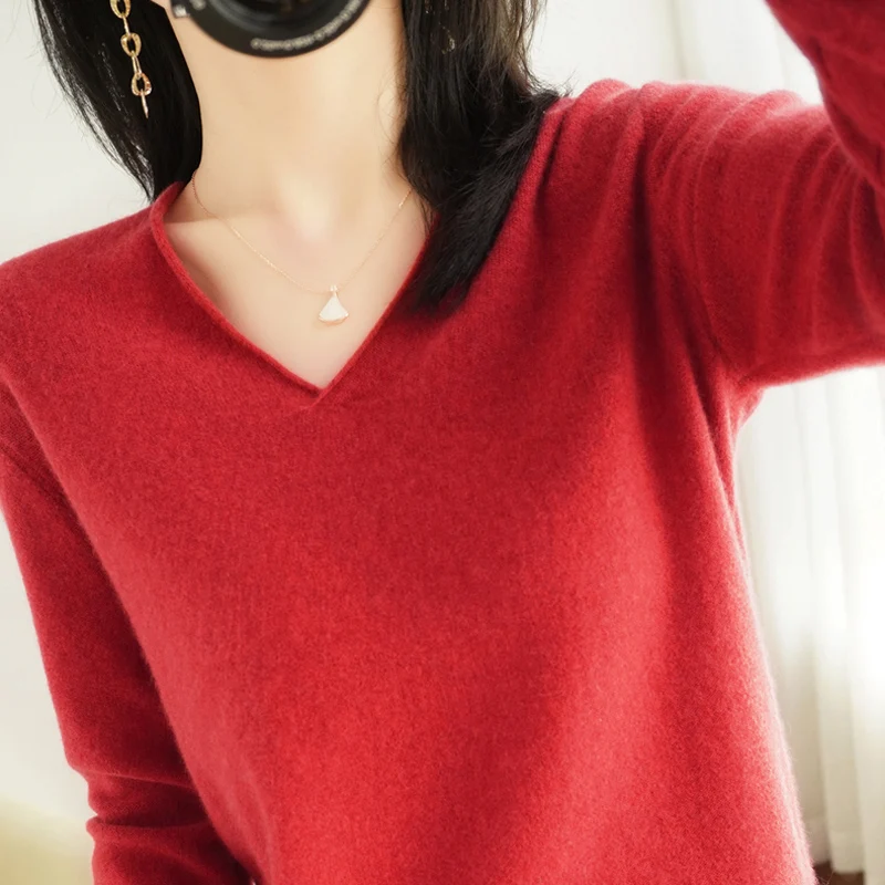 Women Pure Wool Crimped Collar Knit Sweater V-Neck Soft Pullover Solid Bottoming Casual Knitted Tops Cashmere Female Sweater