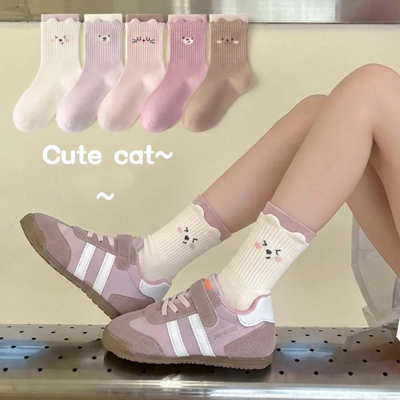 Autumn Winter Kids Girls Socks RAISE YOUNG Sweet Cartoon Printed 3-12Y Girls Socks Spliced Toddler Girls Seamless Mid Tube Socks