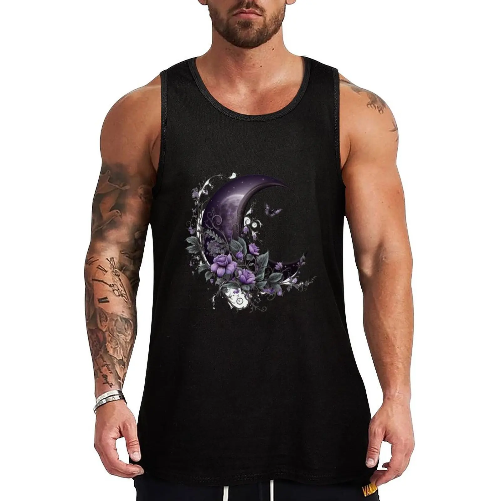 Purple Lilac Black Butterfly Crescent Moon Flower Tank Top Basic Sleeveless Casual Tee Solid Lightweight Top