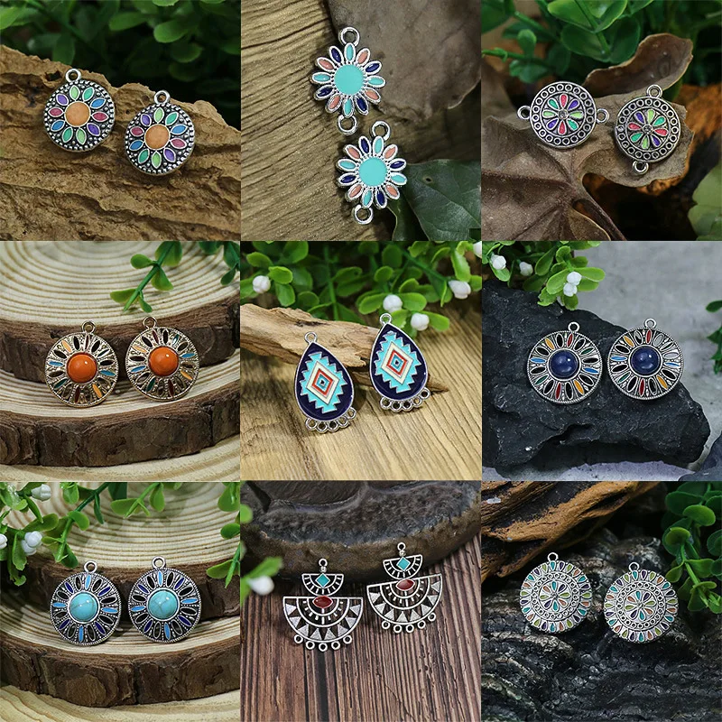 10Pcs/Lot Bohemian Jewelry Pendant Round Enamel Flower Charm Metal DIY Making Earrings Jewelry Materials Evil Eye Pendant