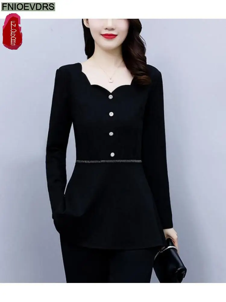 Button Basic Shirts Woman Fall Autumn Work Single-Breasted Black Blouses Office Lady Elegant Retro Vintage Bling Tops Blusas