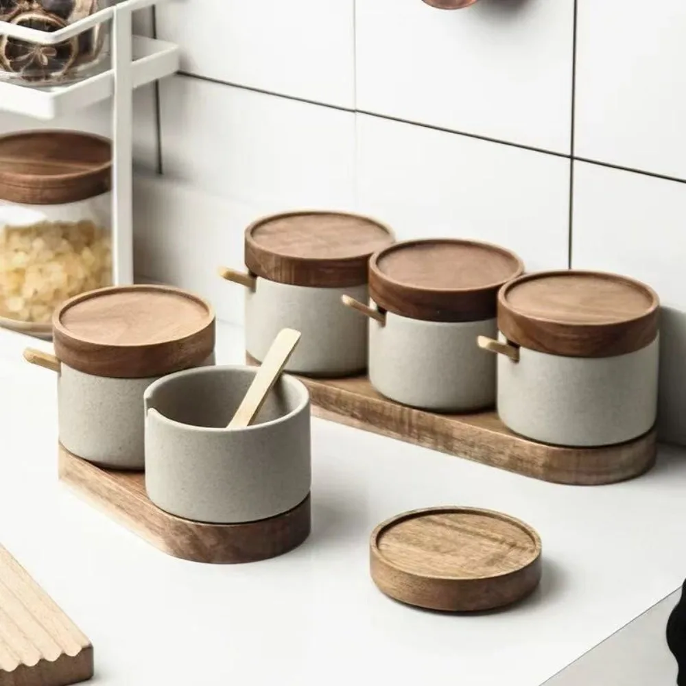 High-end Japanese Style Ceramic Seasoning Jar with Lid Spoon Tray Cylindrical Spice Jar Vintage Spice Canister Sugar
