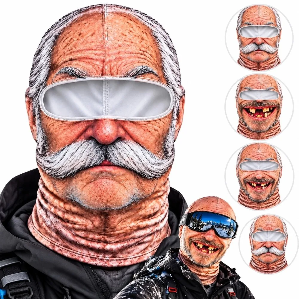 3D Face Printed Old Man Balaclava Full Coverage White Mustache Face Mask Breathable Eye Hole Elastic Funny Ski Mask