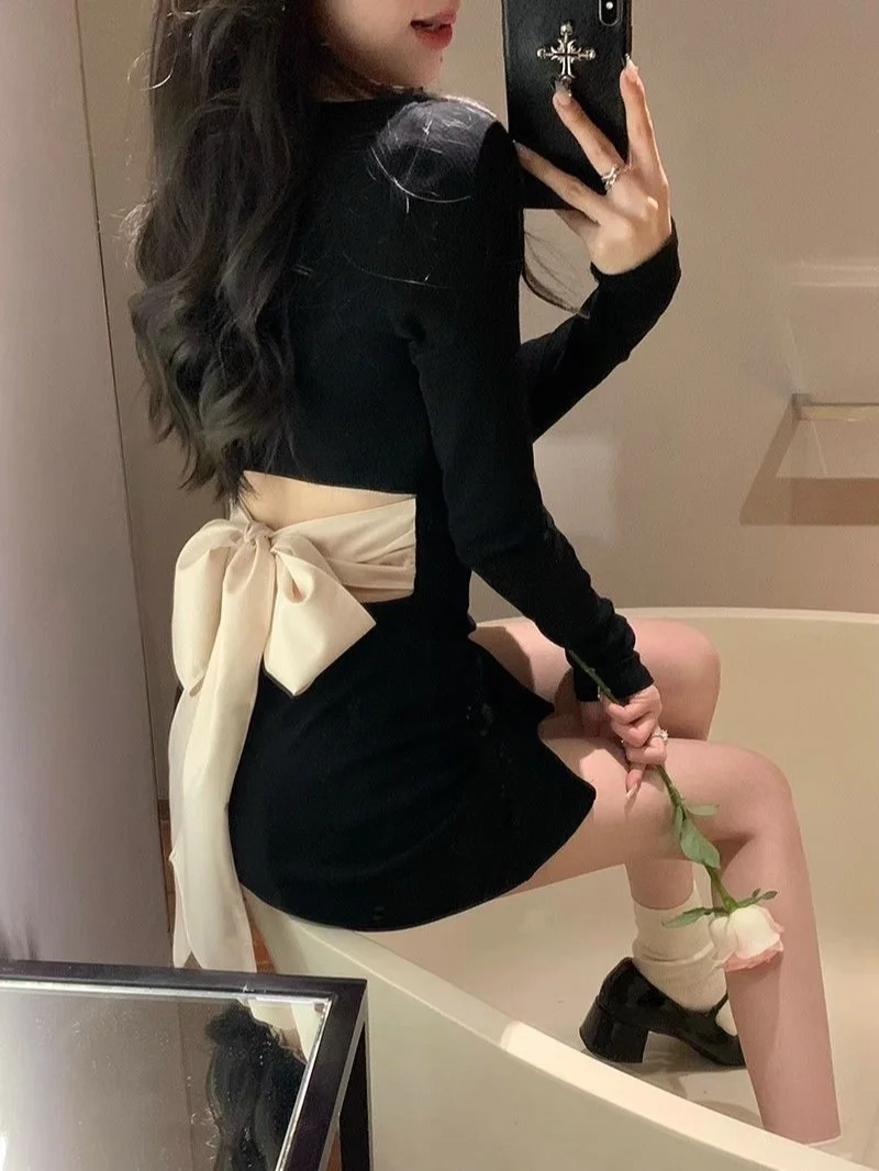 Off Shoulder Woman Long Sleeve Dress Black Short Bow Birthday Mini Dresses for Women Autumn and Winter New in Elegant Beautiful