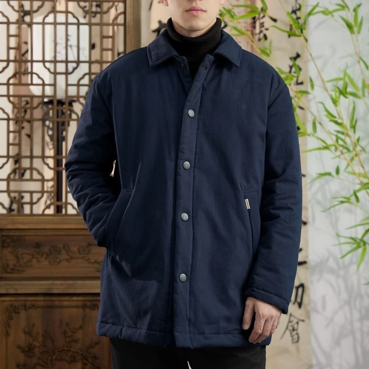 

Теплый хлопковый джет с повседневным воротником, мужская зимняя верхняя одежда, модное длинное пальто свободного кроя, украшенное пуговицами