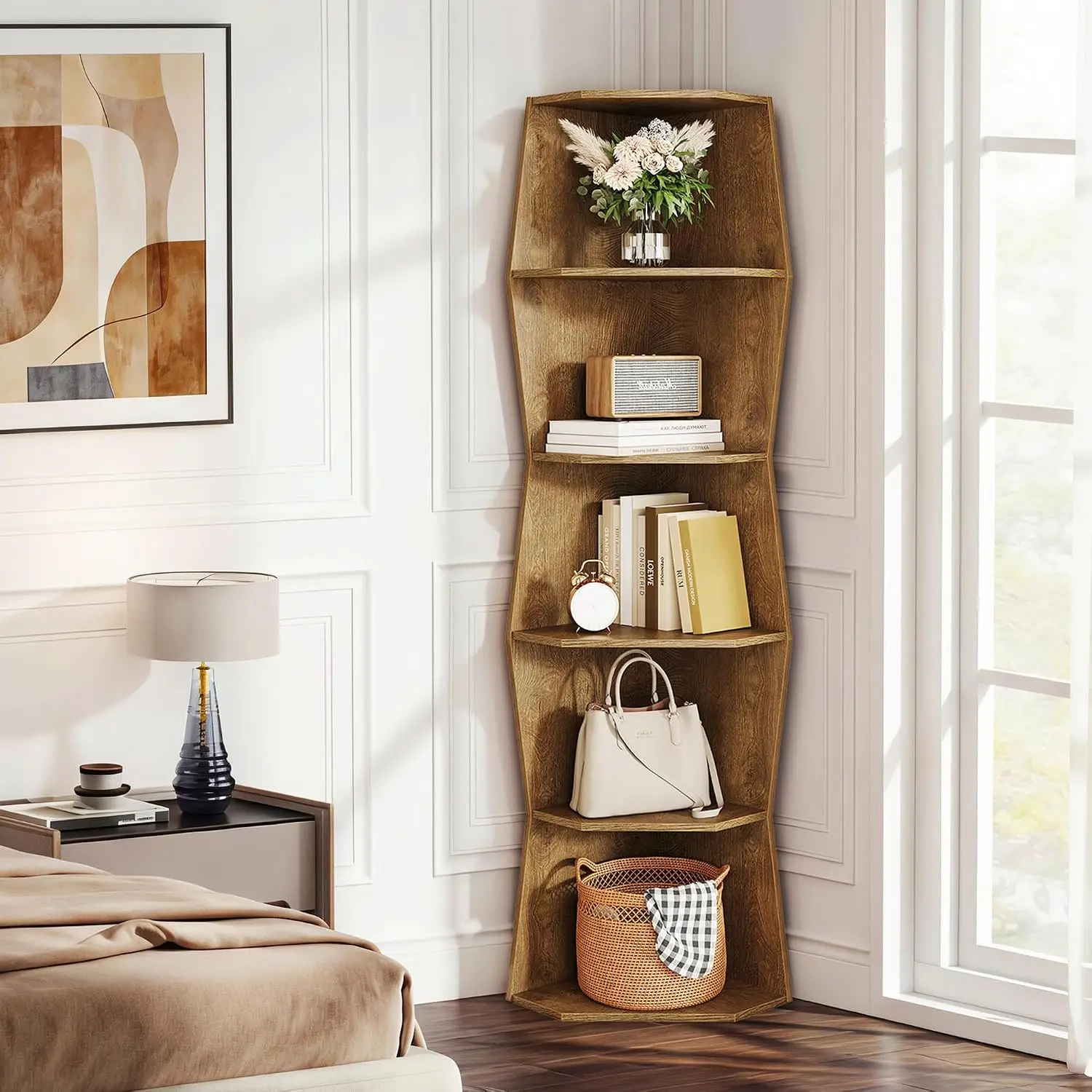 6-Tier Wavy Corner Shelf, Wooden Tall Corner Bookshelf, Brown