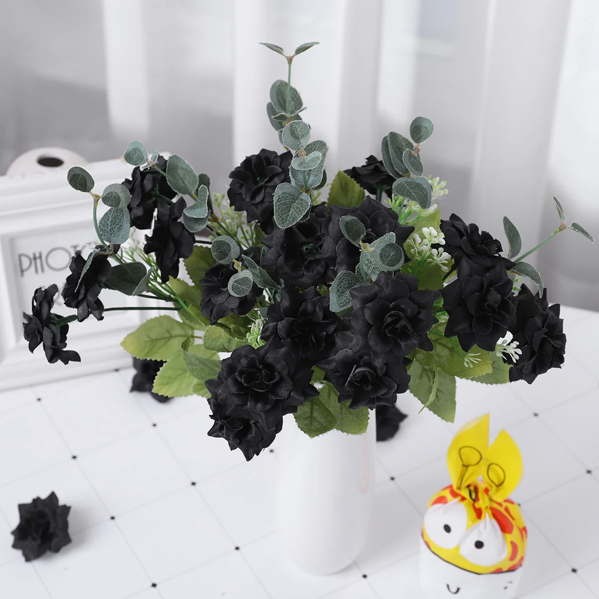 Silk Black Flowers Glitter Simulation Rose Heads Fake Roses Wedding Decorative Artificial Mini