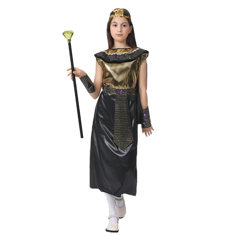 

6-12Y Girls Egyptian Princess Queen Cleopatra Costume for Child Black Gold Long Dress Umorden