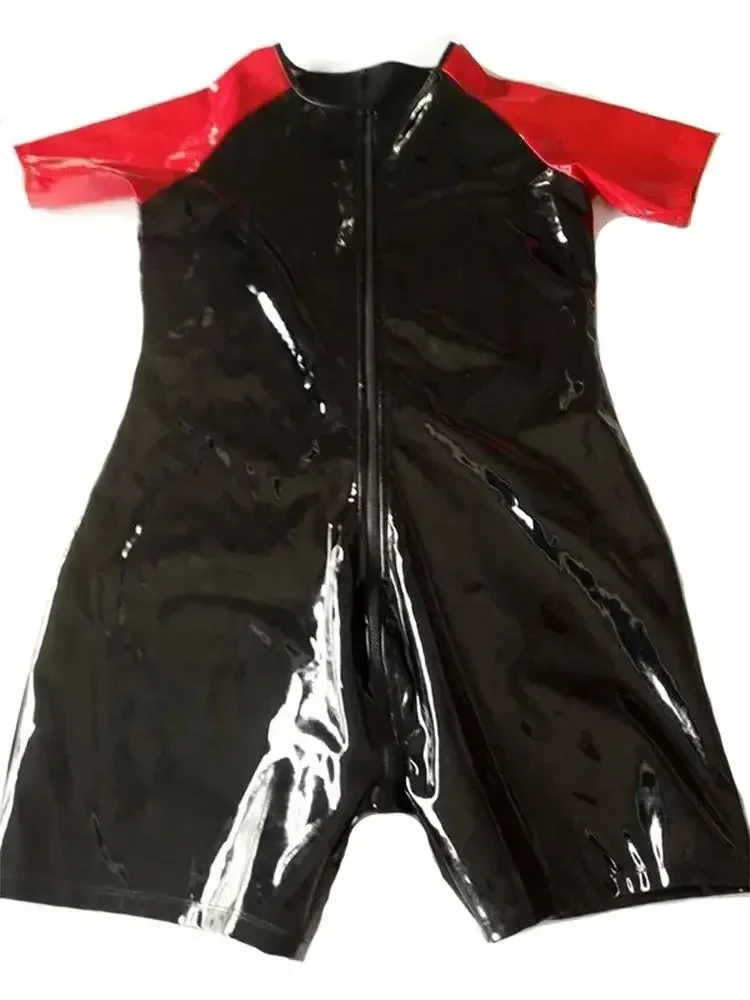 

Sexy Men PU Short Sleeve Shiny Faux Leather Zipper Open Crotch Bodysuit Wet Look PVC Catsuit Tights Shapers Leotard Playsuits