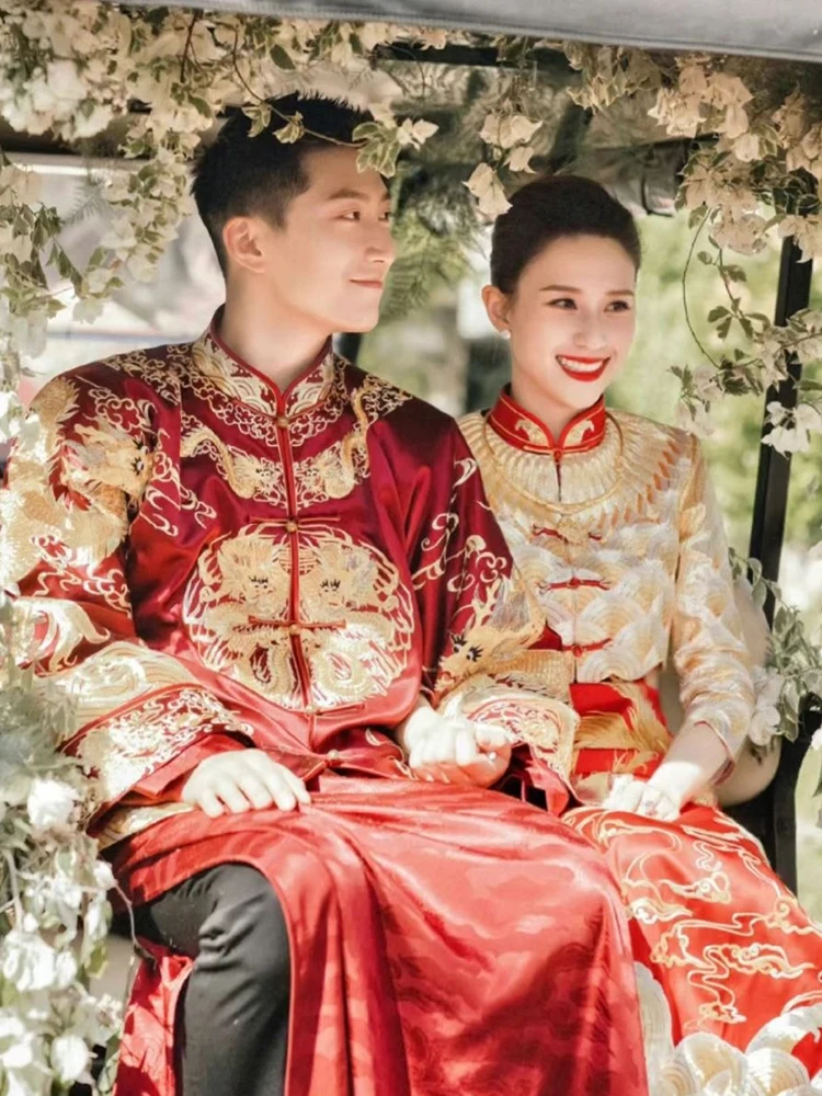 Formal Ceremony Vintage Mid Sleeve Cheongsam Phoenix Gown Chinese Trend Wedding Dress Red Gold Retro Bride Toast Festive Garment