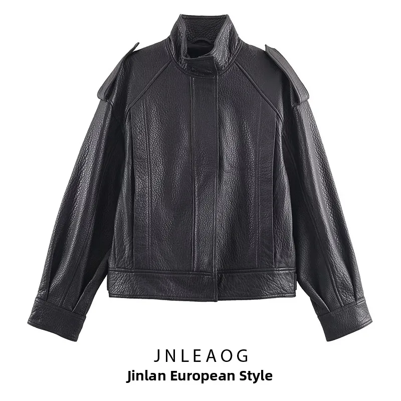 JNLEAOG mujer otoño nuevo Sle versátil cuero piloto Jaet abrigo ort prendas de vestir exteriores largo Sve cremallera fibra de poliéster