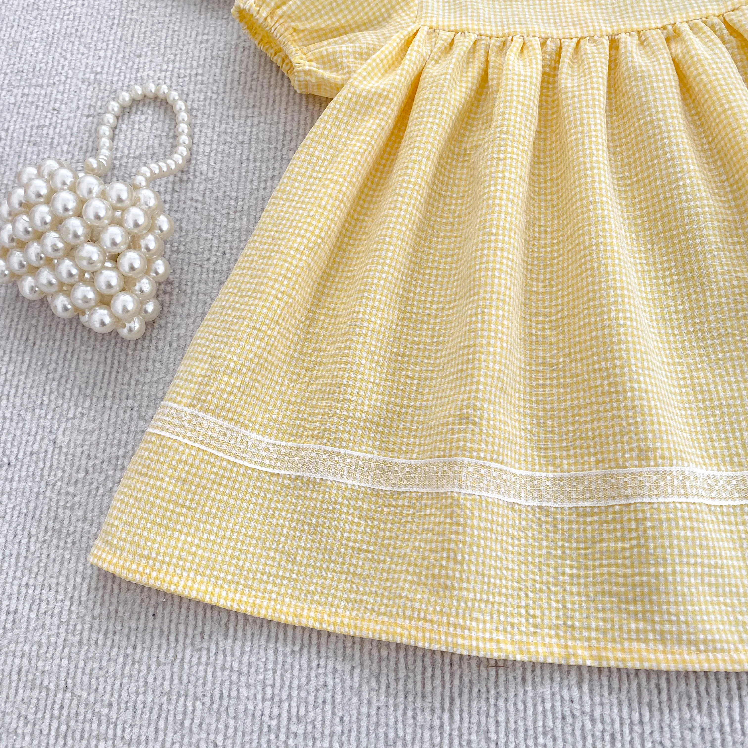 2026 Sommer 2-6 Jahre Kinder Karo-Süßes Partykleid 0-24 Monate Baby Mädchen Stickerei Kragen Kurzarm Body Gelbes Schwesterkleid – Detail 24