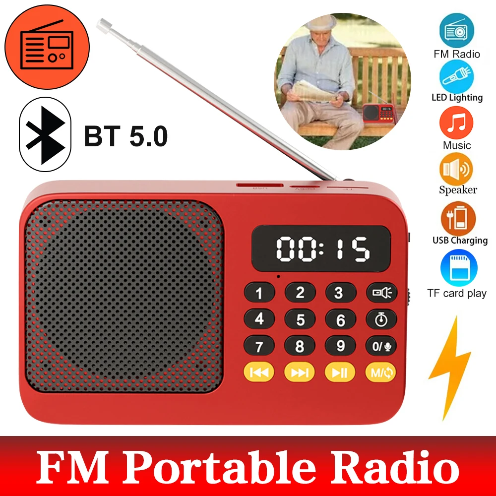Portable FM Radio Professional Bluetooth-compatible 5.0 Radios USB Rechargeable Radio with Flashlight Battery Operated Radios