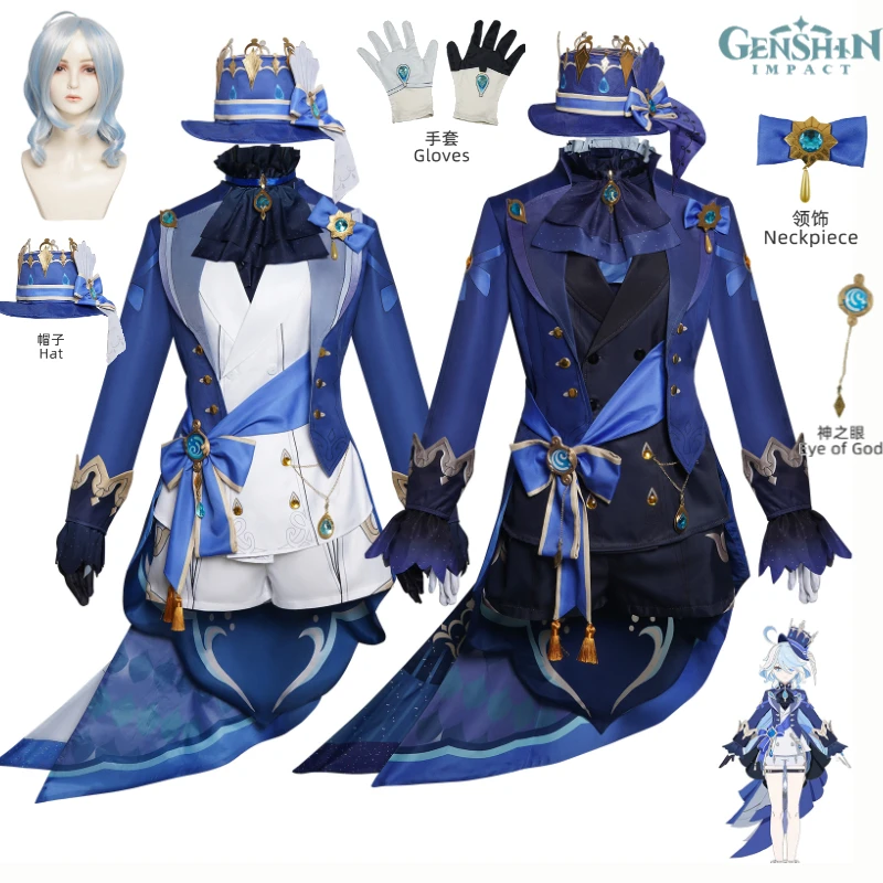 Furina Cosplay Costume Game Genshin Impact Fontaine Focalor Uniform Blue Black Suits Wig Full Set Halloween Party Costumes